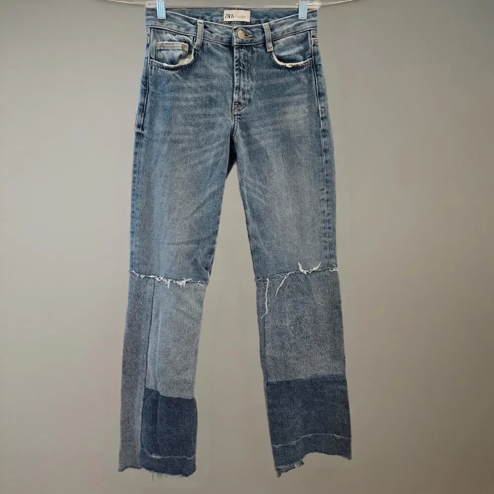 Zara Patchwork Straight Leg Distressed Jeans